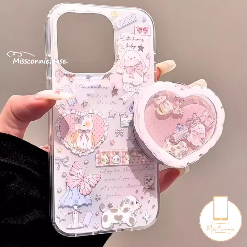 น่ารักการ์ตูนผีเสื้อโคมไฟ Star Bow Love Heart Puppy Bracket Case สําหรับ IPhone 13 16 11 15 12 14 Pro Max 7 Plus X XR XS Max 8 15 16 Plus SE 2020 17 ใหม่ Imd Soft Case