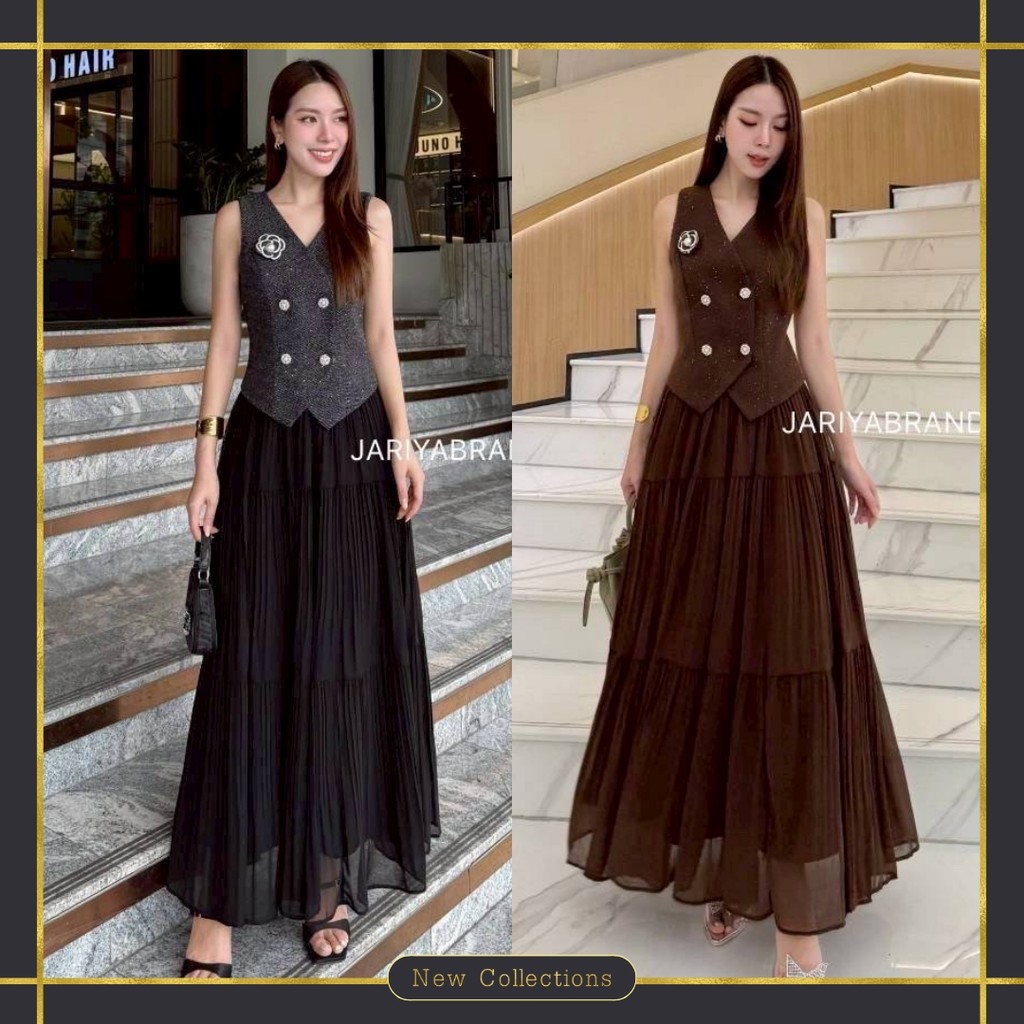 ❥S-XL ชุดเซ็ท เซตผ้าทวิต เสื้อแขนกุด + กระโปรงพลีทยาว สีน้ำตาล สีดำ งานป้าย JARIYA ชุดทำงานผู้หญิง