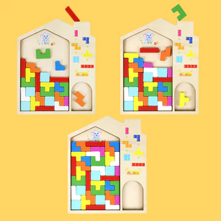 Geetoy 43 ชิ้นชุด 3D Tetris ไม้ Montessori ของเล่นเกมปริศนาปริศนาของเล่นเพื่อการศึกษา
