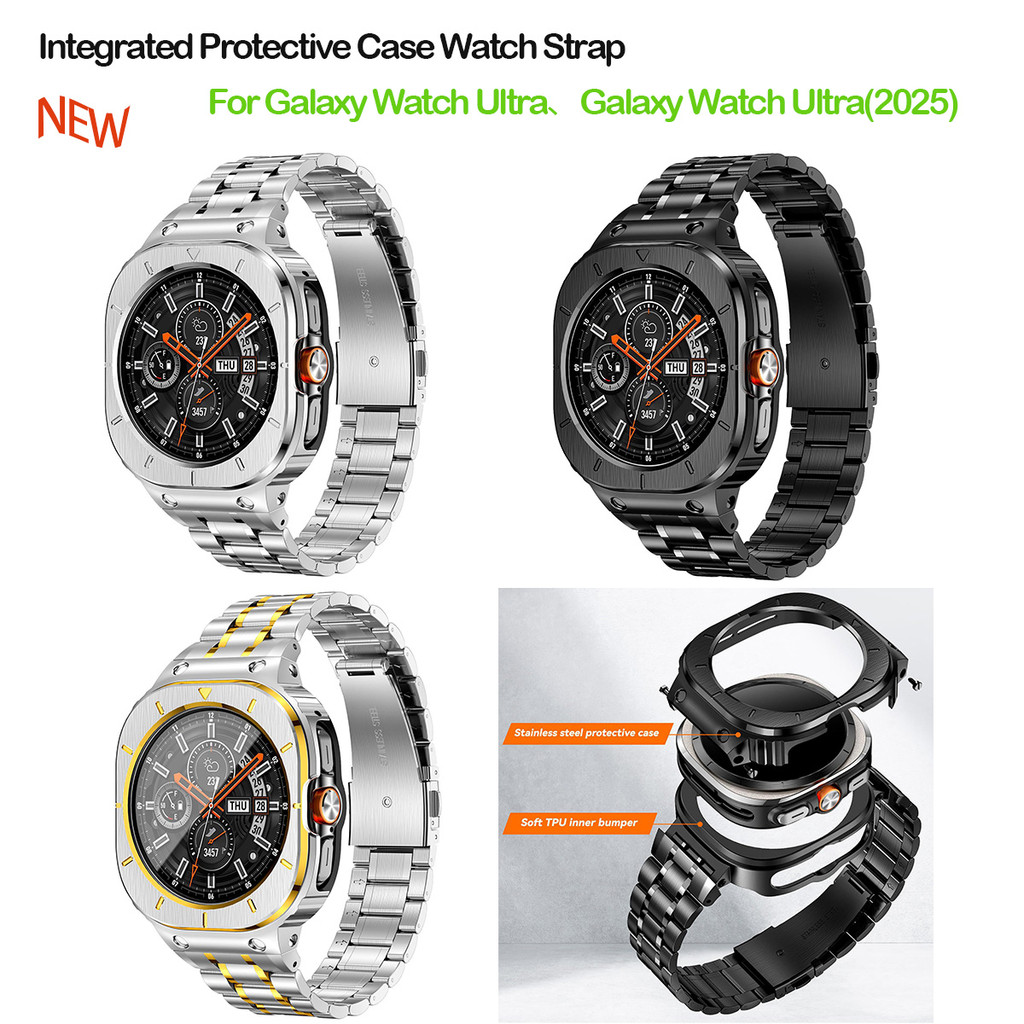 เหมาะสําหรับ Samsung Galaxy Watch Ultra/Ultra (2025) เคสเหล็กห้าลูกปัดปลอมแบบบูรณาการพร้อมสายรัดกันกระแทกสแตนเลส 316L