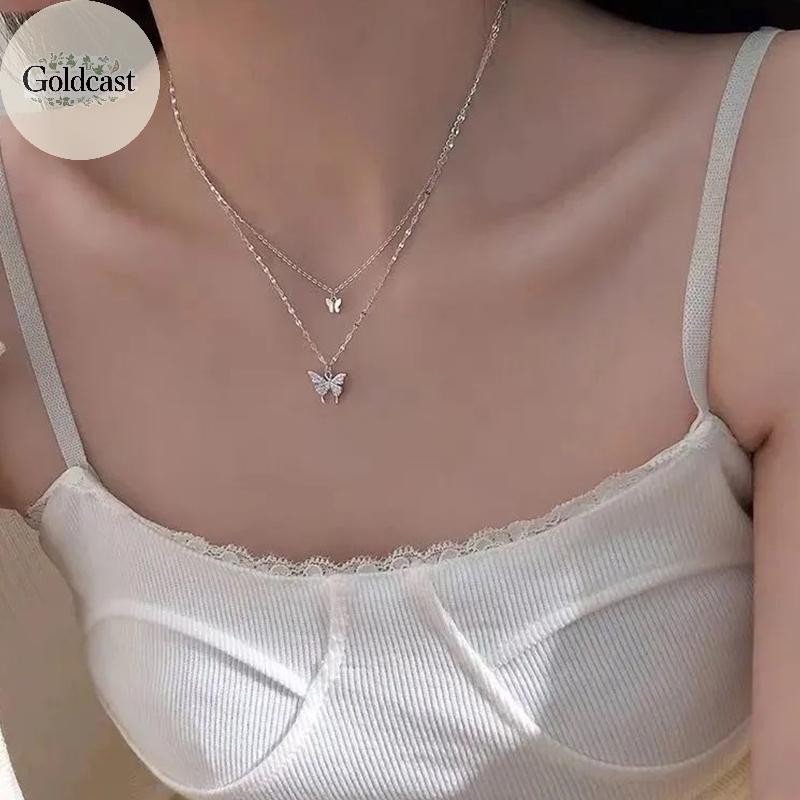 ทองสองชั้นโซ่กระดูกไหปลาร้าสร้อยคอเครื่องประดับเพทายผีเสื้อจี้สร้อยคอสําหรับผู้หญิงอุปกรณ์เสริม ไทย