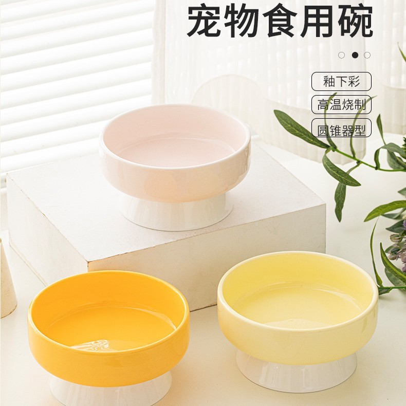 猫碗陶瓷高脚斜口护颈食盆不易打翻大口径防黑下巴成猫幼猫咪饭碗Cat bowl ceramic high foot oblique neck protection bowl is not easy to