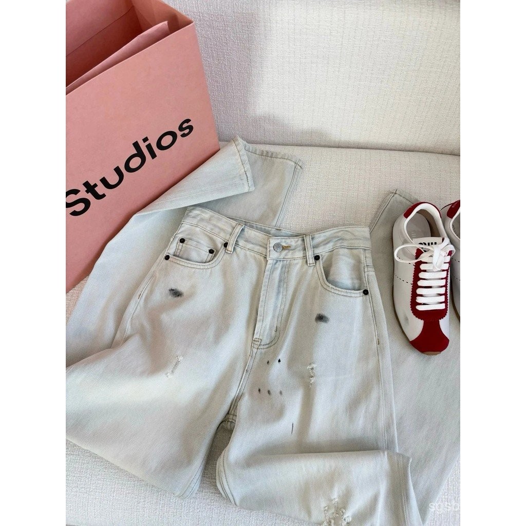 .ACNE STUDIO กางเกงยีนส์ขาดสีอ่อน