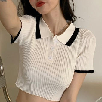 E เสื้อยืดถักคอปกสีตัดกันสไตล์เกาหลีสําหรับผู้หญิง A2-20 e