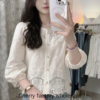 เสื้อผ้าแฟชั่นผู้หญิงใหม่ ผลิตจากผ้าฝ้ายแท้ปักลูกไม้ แขนยาว สไตล์เรียบหรู