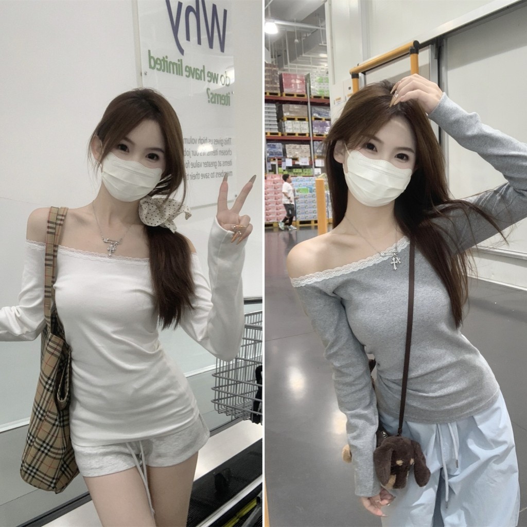 Hotgirl พร้อมส่ง เสื้อยืดเข้ารูปทรงผู้หญิง เสื้อยืดแขนยาวผู้หญิง ขอบลูกไม้น่ารัก เซ็กซี่เปิดไหล่ สไตล์เกาหลี