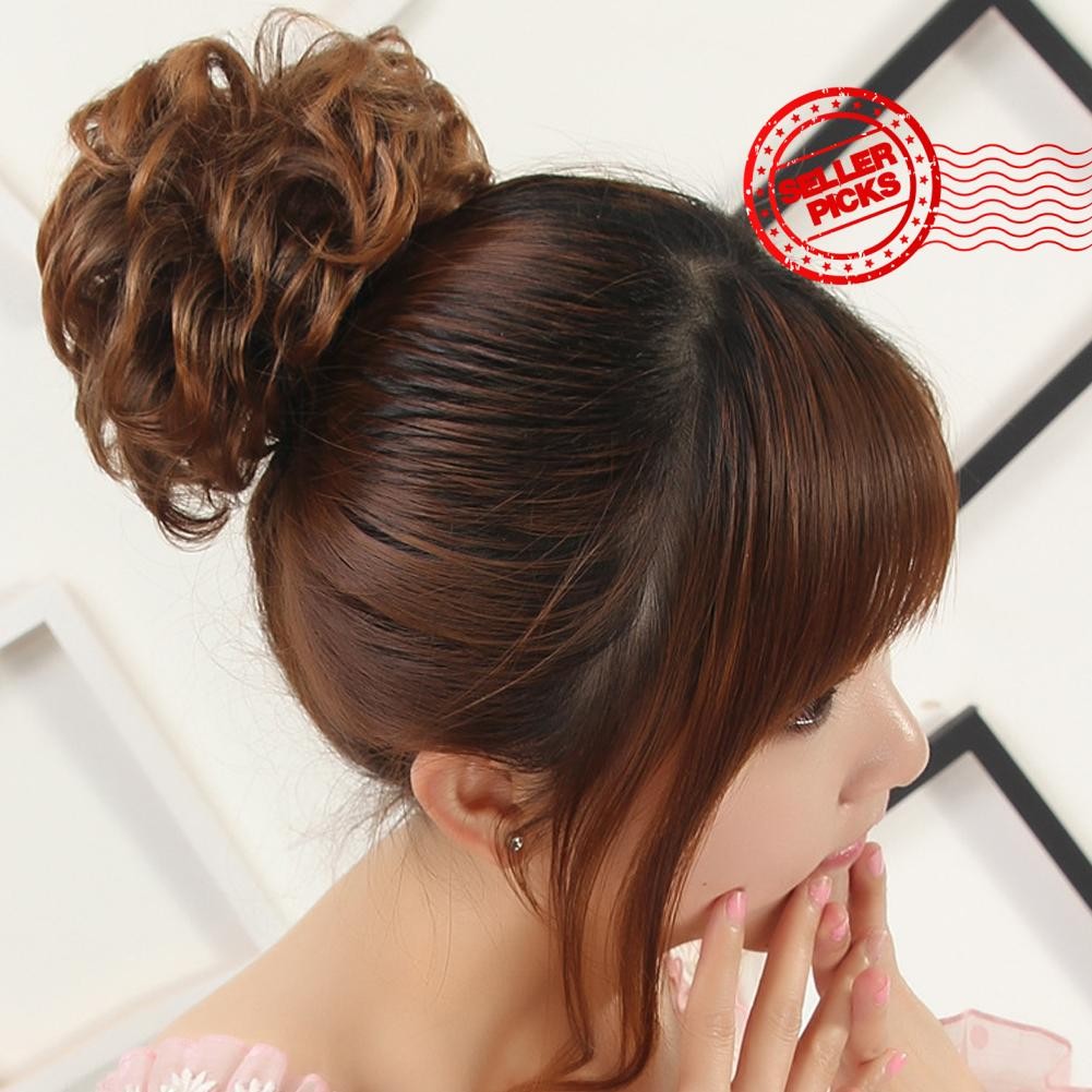 Multi-color Curly Bun Hairpiece น่ารักหยักปุยปลอม Bud ผมหัว Hairpiece วิกผมหัว Maruko E4m0