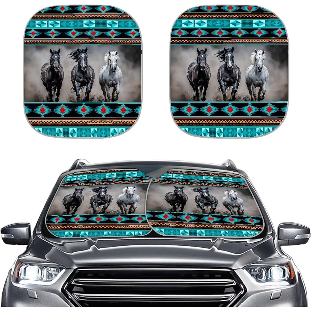 สีเขียว Aztec ม้ากระจก Sun Shade 2 ชิ้นพับรถหน้าต่างด้านหน้า Sun Visor Shield Block ยานยนต์ภายใน Por