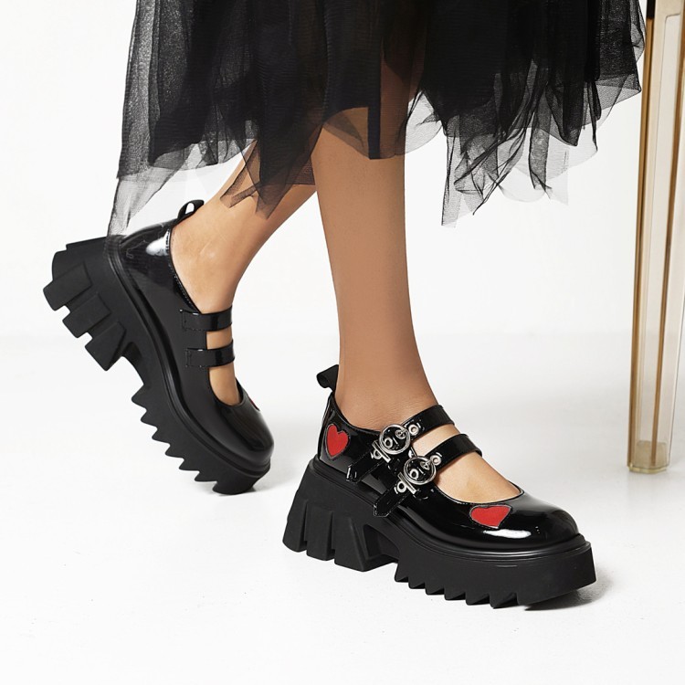 MTH35-43 ขนาดขนาดใหญ่รอบ Toe หนาSoledแพลตฟอร์มรองเท้าผู้หญิงสิทธิบัตรหนังGlossyพื้นผิวแบนสายคล้องคอห