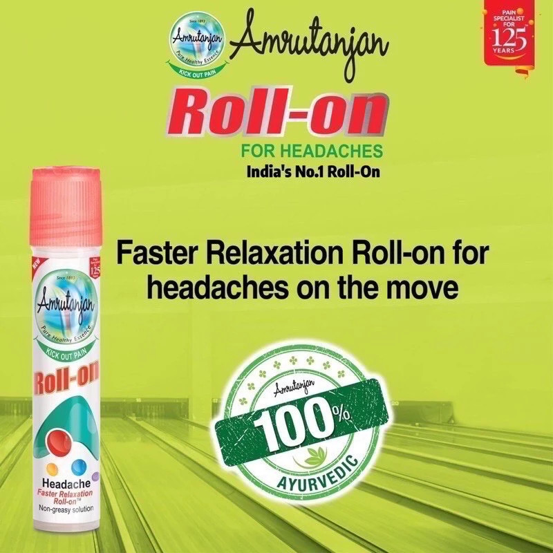 Amrutanjan Headache Roll On  ขนาด 10ml  บรรเทาไมเกรน อาการ วิงเวียน ปวดหัว เมารถ เมาเรือ ใช้ทาตามขมั