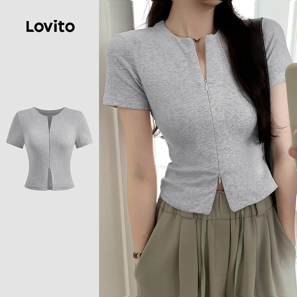 Lovito เสื้อยืดซิปสีพื้นลำลองสำหรับผู้หญิง L128ED157