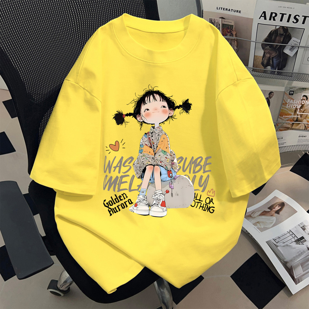 【My-T】🥐เสื้อยืดสีเหลืองอ่อนลาย “GOLDEN GIRL” เสื้อยืดผู้หญิงผ้าฝ้ายใส่สบายOVERSIZE  เสื้อยืดคอกลม【COD】