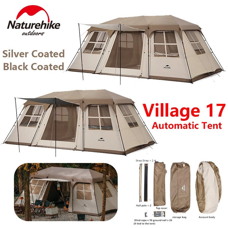 เต็นท์อัตโนมัติ Naturehike Village 17 สำหรับ 4-6 คน กันน้ำและป้องกัน UV สีดำเคลือบครีม