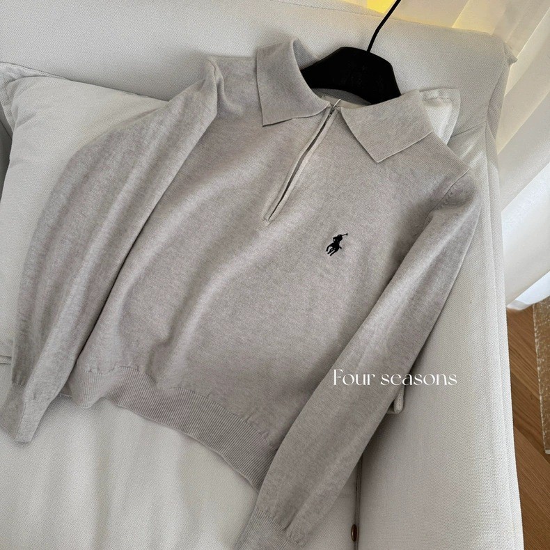 Horse Label Core-spun Yarn Lazy Style ปักฐานเสื้อแขนยาวครึ่งซิปเสื้อกันหนาวโปโลฤดูใบไม้ร่วง Win