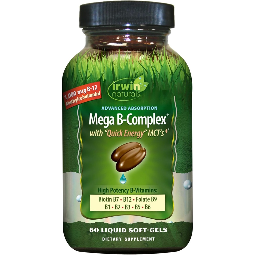 Irwin Naturals Mega B-Complex - 60 เจลเหลว - วิมินบีคอมเพล็กซ์พร้อมวิมินบี 12, โฟเลต B9, ไบโอติน B7,