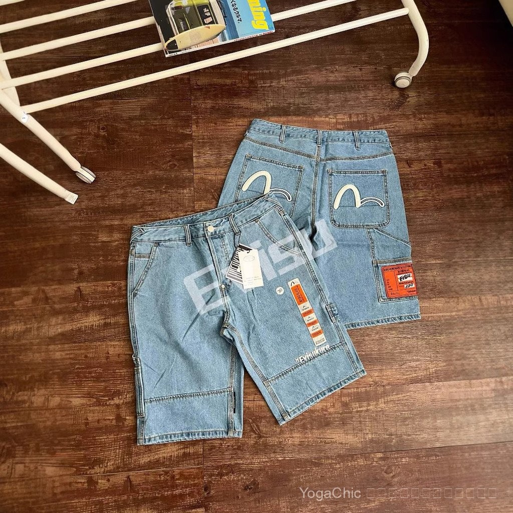 EVISU กางเกงยีนส์ขาสั้น Fushen Evisu สำหรับผู้ชาย แบบ STREET ฤดูร้อน ทรงหลวมใส่ง่าย