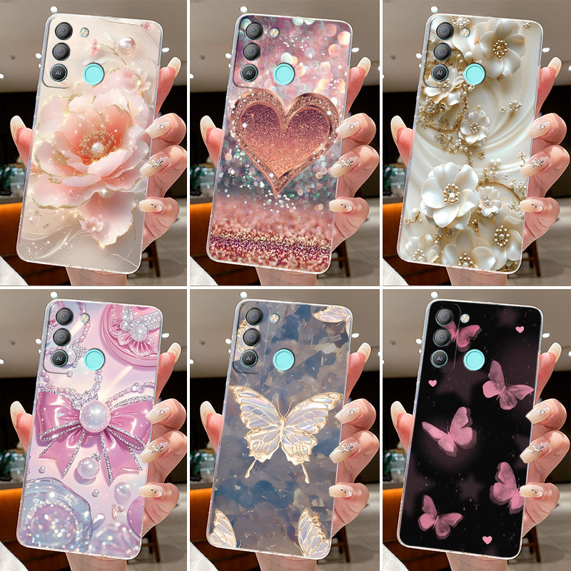 สําหรับ Tecno Pop 5 LTE BD4 BD4a BD4i Elegant ดอกไม้ผีเสื้อโบว์เคสโทรศัพท์ฝาครอบ Pop 5LTE ซิลิโคนนุ่มโปร่งใส TPU Jelly กรณี