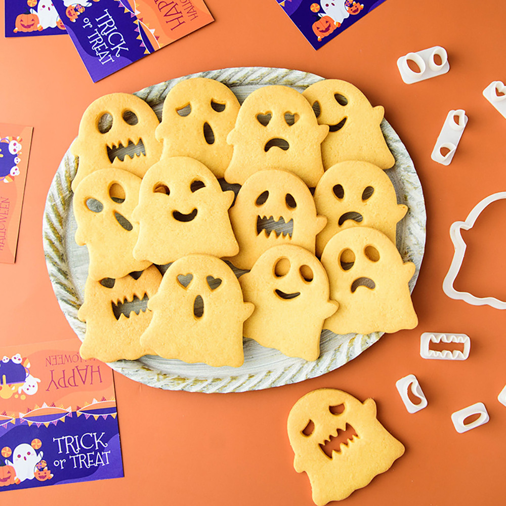 Cartoon Halloween Cute Expression Swap Cookie Cutters Pressable Biscuit Mold DIY Kitchen Baking Past