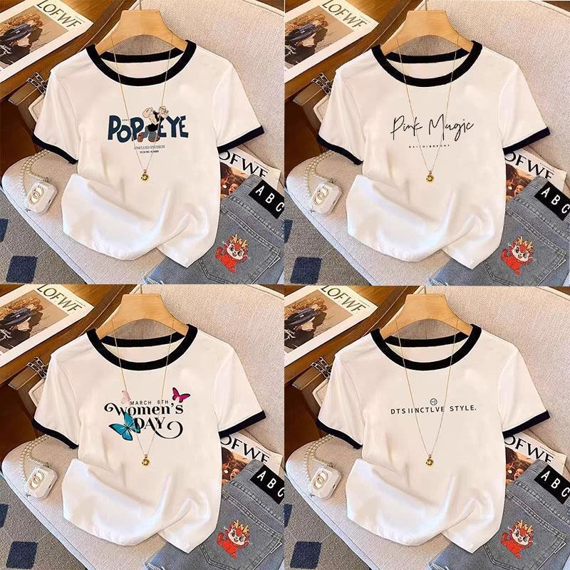 เสื้อรัดรูปเสื้อครอปฤดูร้อนอเนกประสงค์บางบาง  คอกลม แขนสั้น เสื้อยืดครอป พิมพ์ลายสาวฮอตสุดชิคเสื้อยืดแขนสั้น  เสื้อผ้าสำ