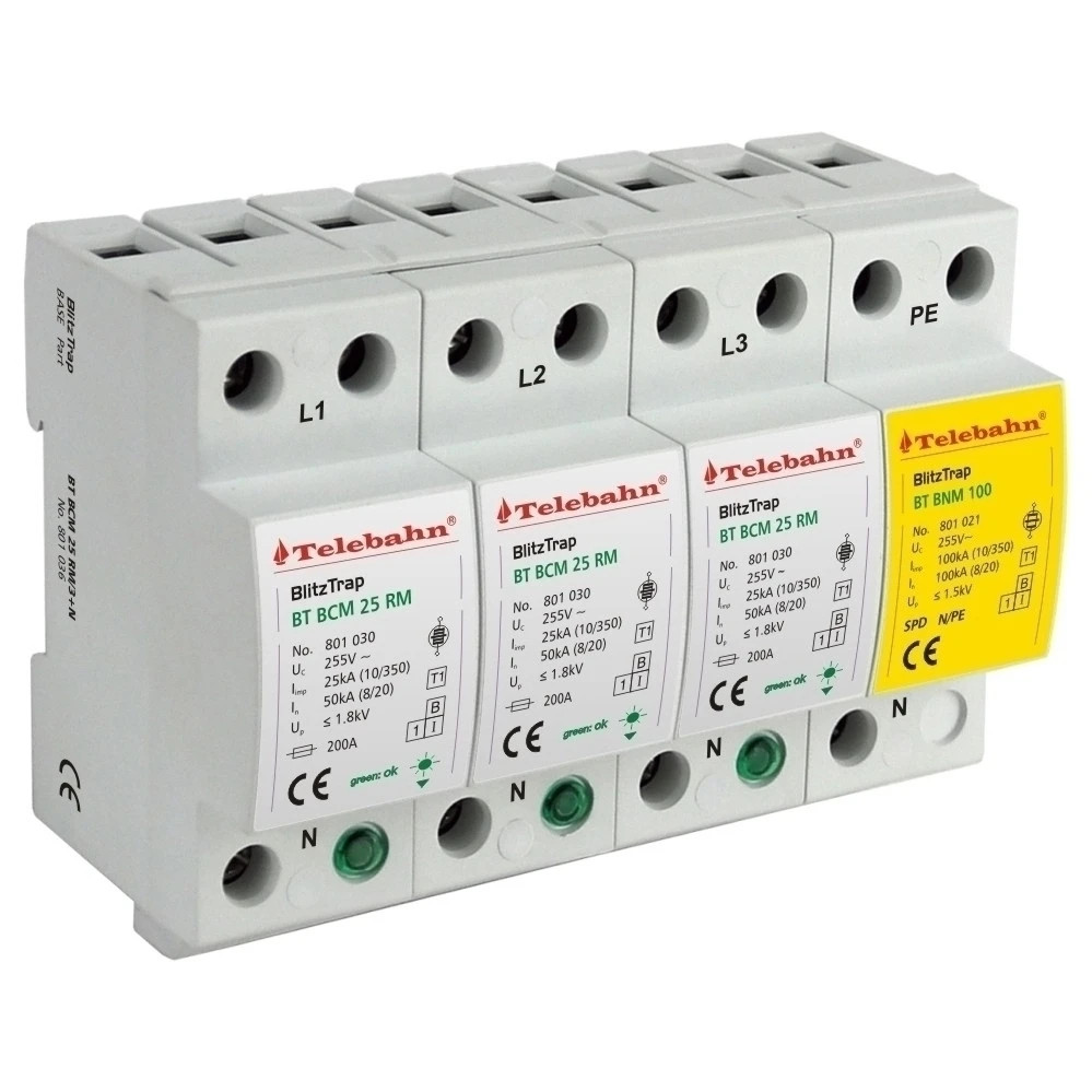 Power Surge ป้องกันอุปกรณ์ 255V 25kA 50kA 100kA 200kA T1 AC SPD 3P + N 3 เฟส TT SPD Surge Protector