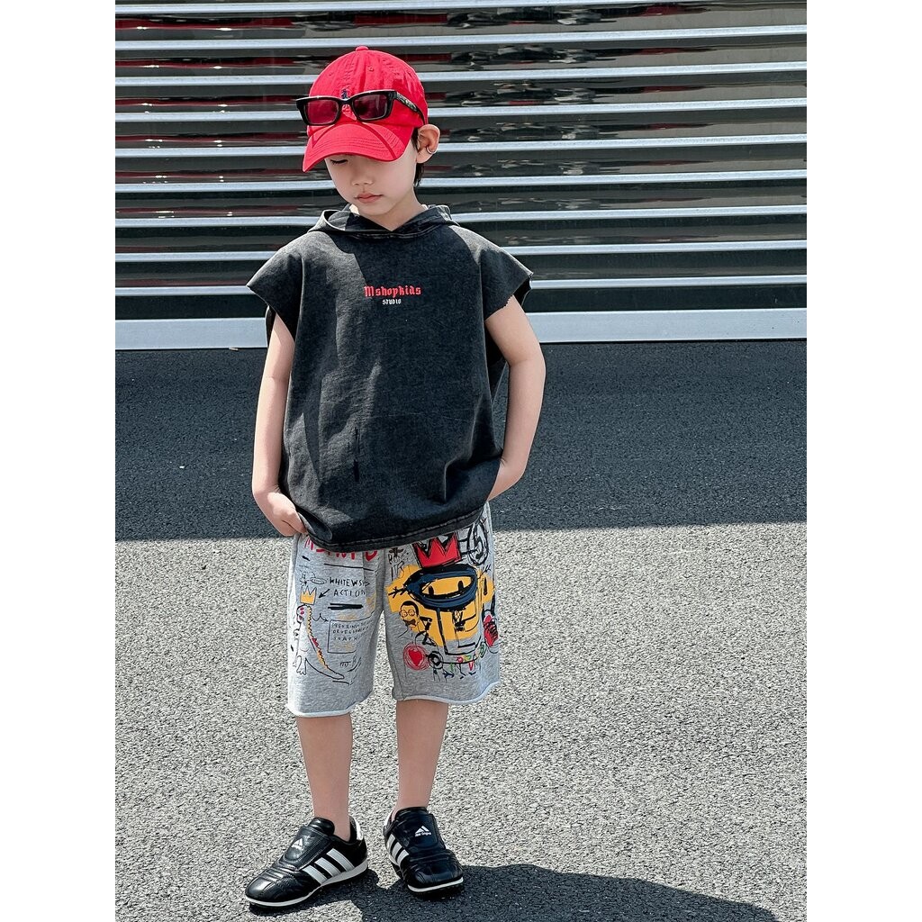 LLT-71 เสื้อแขนกุดเด็กสีดำแบบมีฮู้ด (Hooded Sleeveless Tee) พิมพ์ลาย “Mshopkids Studio” ดีไซน์เท่ในส