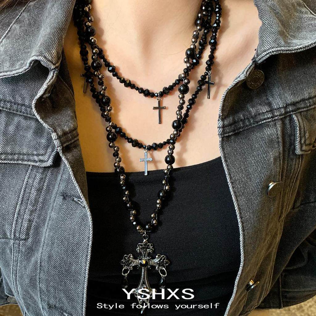 สร้อยคอมุก สร้อยคอ Multi-Layered Gothic สไตล์ Cross สร้อยคอสีดําลูกปัด Niche Design Abi อุปกรณ์เสริม