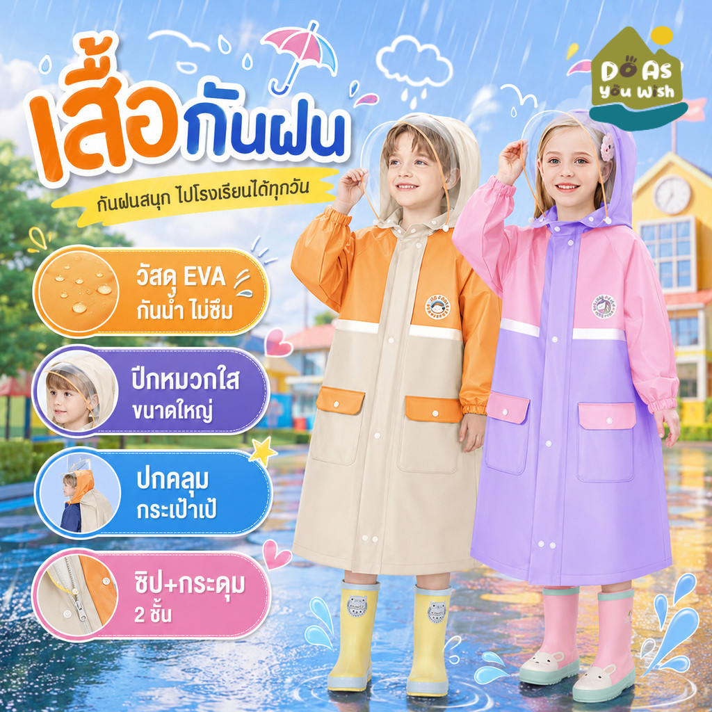 ชุดกันฝนเด็ก 5-13ขวบ เสื้อกันฝนเด็กแฟชั่น การออกแบบกระเป๋าความจุขนาดใหญ่ สะดวกในการไปโรงเรียน 4 แบบ เสื้อกันฝนเด็ก