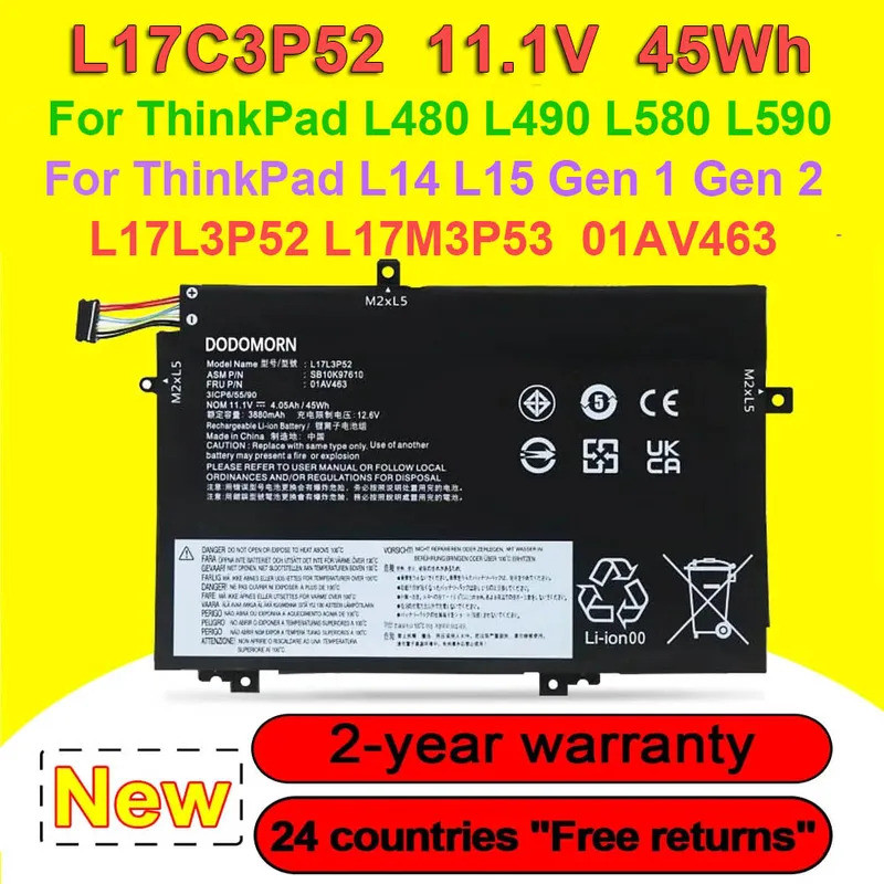 L17L3P52 L17C3P52 แบตเตอรี่แล็ปท็อปสําหรับ ThinkPad L480 L490 L580 L590/L14 L15 Gen 1 2 Series 01AV4