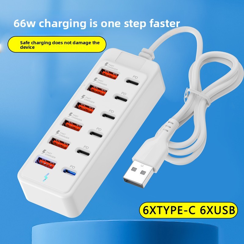 12-Port 6USB 6Type-C PVC Extension Hub 66w PD Hub Docking Station ชาร์จและส่งข้อมูลไปยัง Power Bank 
