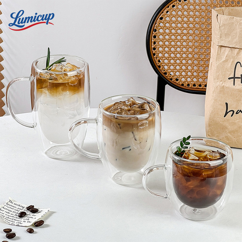 แก้วกระจกสองชั้นมีหูจับ 3 ขนาด สำหรับคาเฟ่ ร้านชา ร้านขนม เสิร์ฟลาเต้ ชานม กาแฟดำ สั่งจำนวนมาก