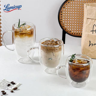 แก้วกระจกสองชั้นมีหูจับ 3 ขนาด สำหรับคาเฟ่ ร้านชา ร้านขนม เสิร์ฟลาเต้ ชานม กาแฟดำ สั่งจำนวนมาก