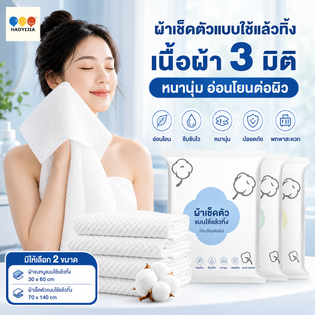 ผ้าเช็ดตัวแบบใช้แล้วทิ้ง ผ้าคอตตอนนุ่มพิเศษ ซึมซับน้ำดี บรรจุแยก อบแห้งอย่างรวดเร็ว (เพิ่มความหนาพิเศษ)
