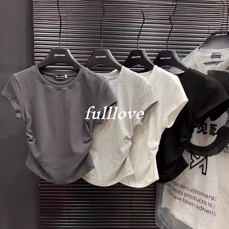 [ส่งไวจากไทย] Fulllove เสื้อยืดผู้หญิง แต่งจีบย่น สีพื้น สไตล์ลำลอง เสื้อผ้าผู้หญิง แขนสั้น เอวแคบ สลิม สีขาว สไตล์เกาหลี M-2XL