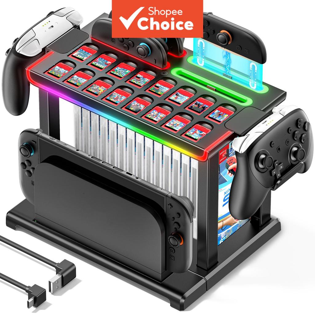 สถานีจัดงานเกมพร้อมแท่นชาร์จคอนโทรลเลอร์สําหรับ Nintendo Switch1 / OLED / 2, ทาวเวอร์เก็บการ์ดเกม, ฐานโทรทัศน์, คอนโทรลเลอร์โปร, อุปกรณ์เสริมสําหรับจอยคอน Switch