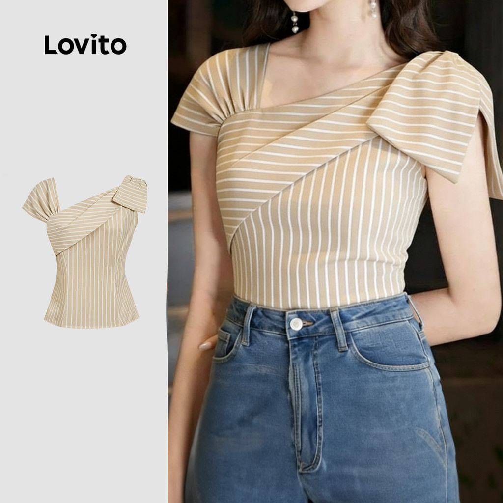 Lovito เสื้อเบลาส์ลําลองลูกไม้สีแดงขาวสําหรับฤดูใบไม้ผลิ/ฤดูร้อนของผู้หญิง L189ED900
