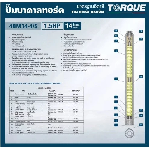 ปั๊มบาดาล TORQUE รุ่น TQ-SP-4BM14-4/S สำหรับบ่อ 1.5 นิ้ว 1.5HP 14ใบ thumbnail 5
