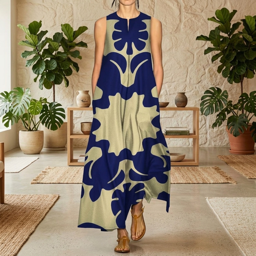 Designer Contrast สีดอกไม้แขนกุดชุดยาว Oversize V คอผู้หญิง Travel Holiday Maxi Dress