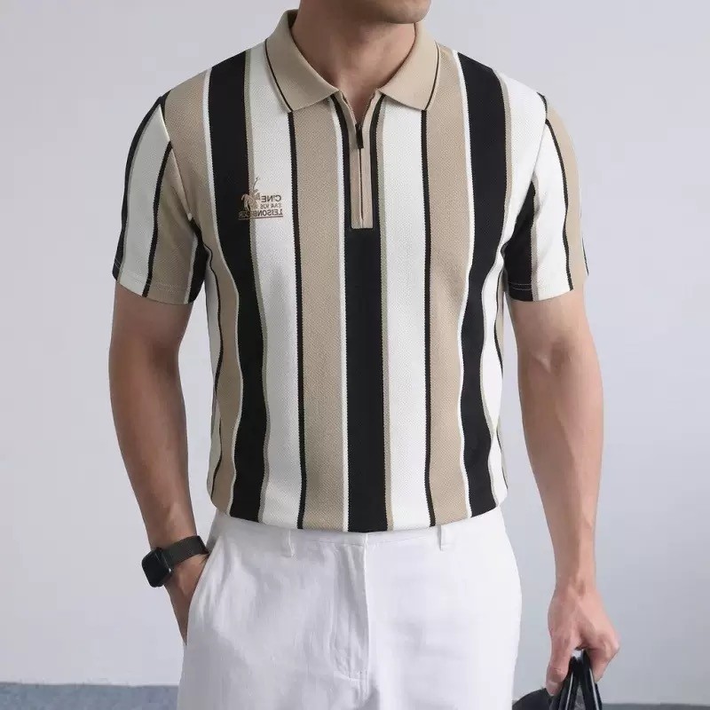 เสื้อเชิ้ตชายแขนสั้น คอปก Polo Shirt ลายทางพิมพ์ มีซิป รูปที่ 6