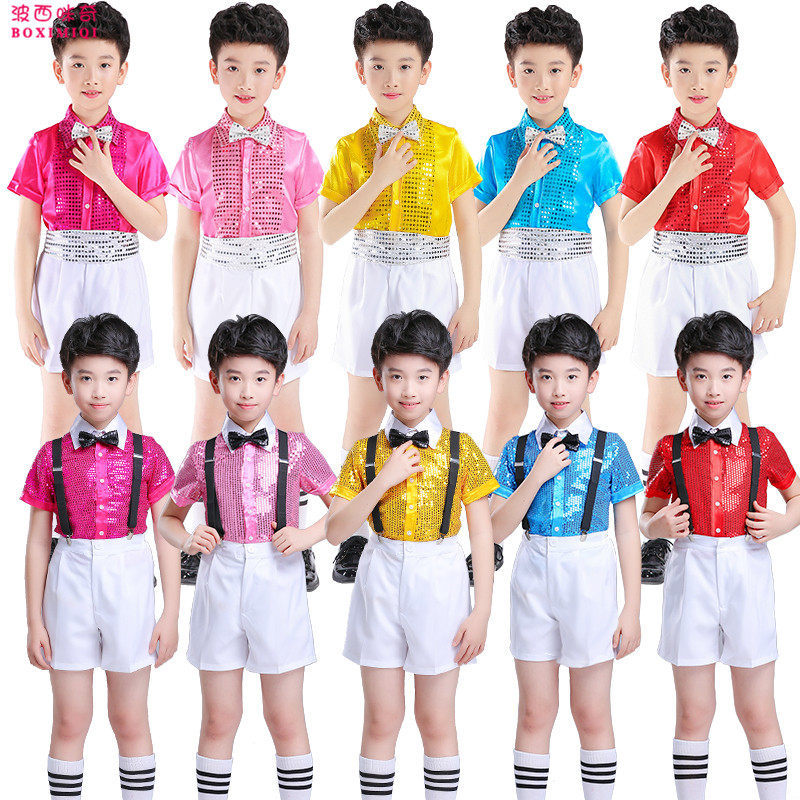 六一儿童演出服男童亮片背带裤礼服小男孩舞蹈幼儿园男生表演服装Children's June 1 costume boys' sequined suspenders20260627