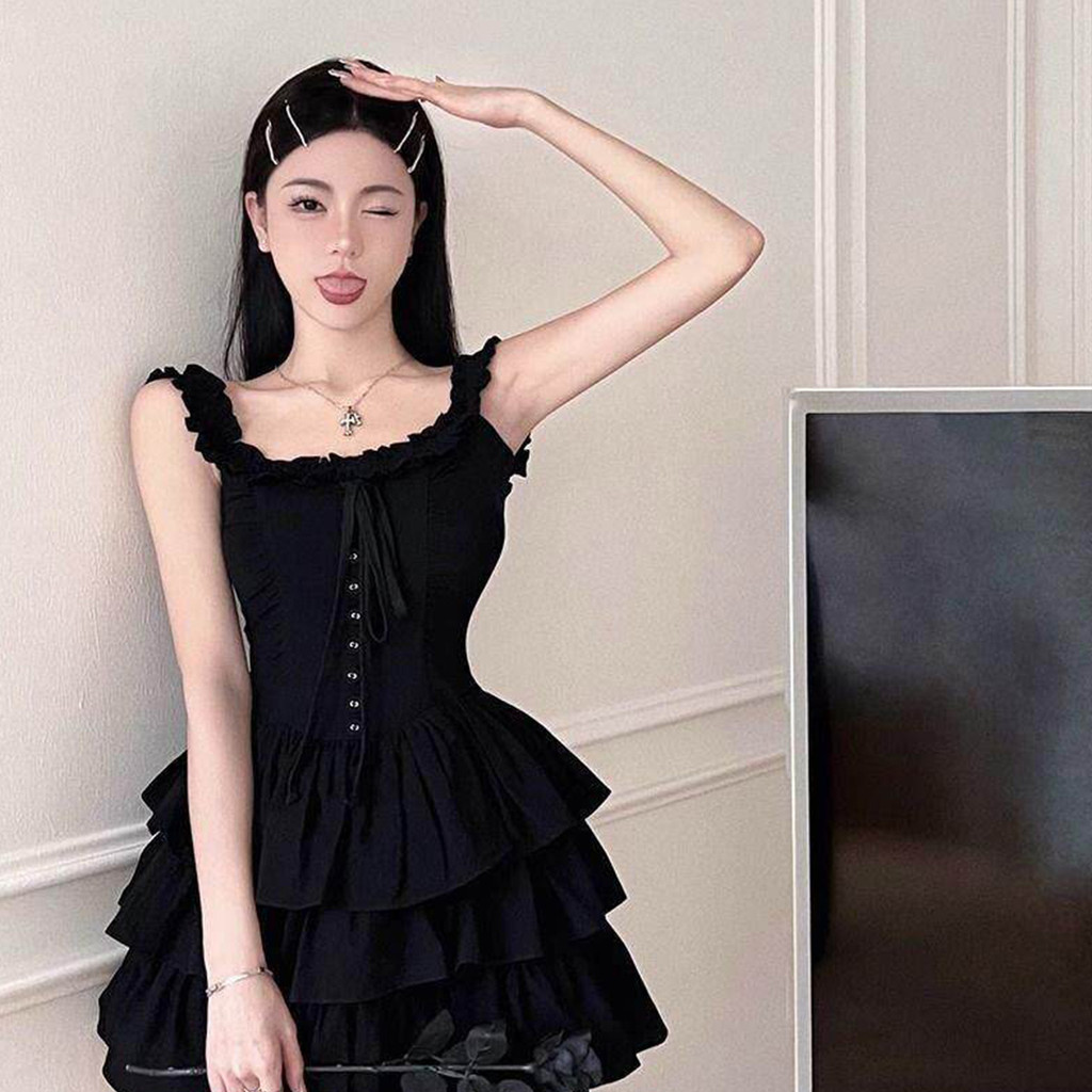 ชุดเดรสปาดไหล่สีดำทรงพอง ทรงบอลลูนหรูหรา รูปที่ 7