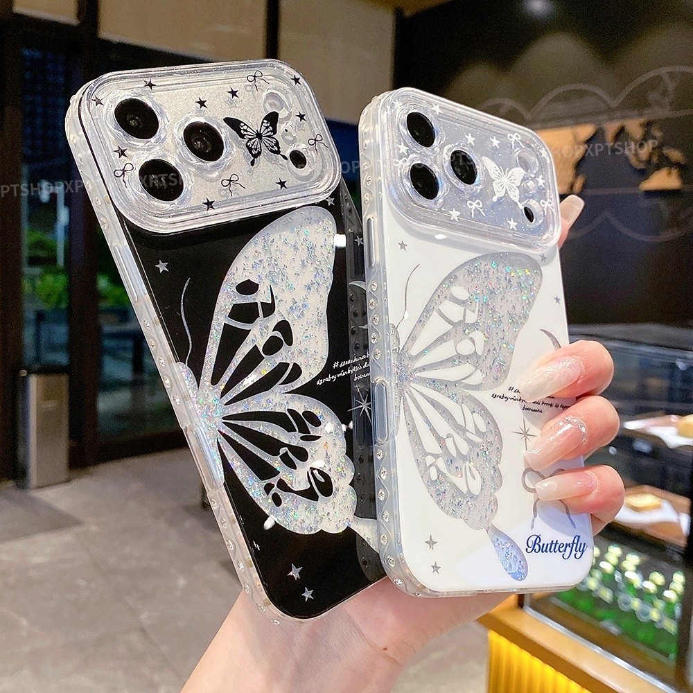 Glitter Butterfly Edge Diamondเคสโทรศัพท์สําหรับiPhone 17 Pro Max 16 15 Pro Maxกันกระแทกป้องกันปลอก