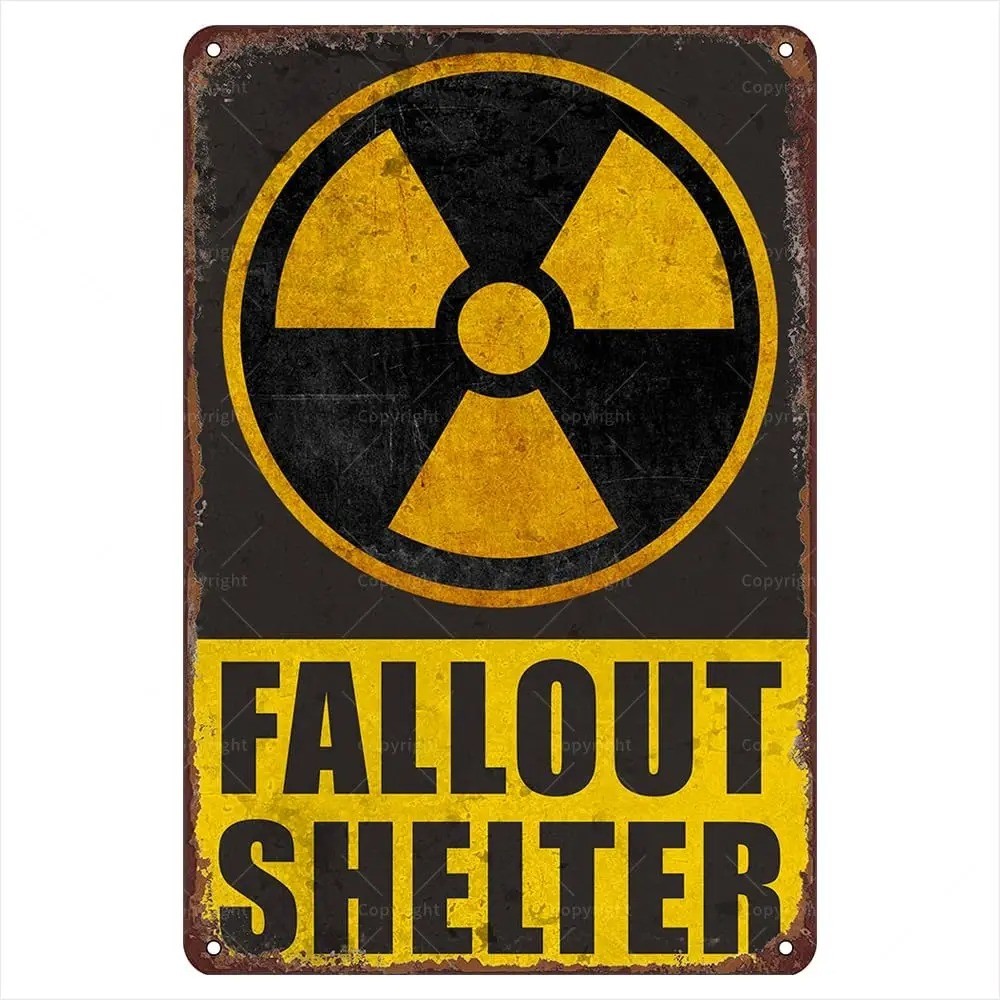 Fallout Shelter ป้ายดีบุกเตือนวินเทจ 2D ตกแต่งโลหะชนบทสําหรับ Home Bar Office
