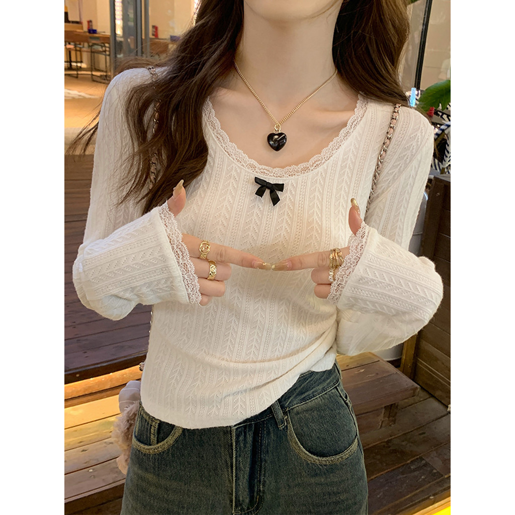 เสื้อ Bottoming ด้านในตรงกับผู้หญิงลูกไม้ Trim สไตล์ใหม่ฤดูใบไม้ผลิฤดูใบไม้ร่วง High-End สีขาวรอบคอ 