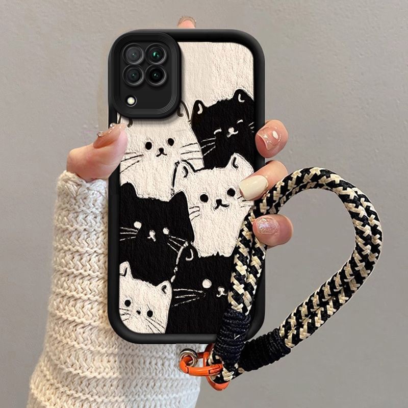 ปลอกสําหรับเคสโทรศัพท์ Huawei NOVA 7i พร้อมเชือกเส้นเล็กความงาม แมวสีดําสีขาวน่ารักซิลิโคน TPU Soft Shell ดีไซน์ใหม่เคสกันกระแทก
