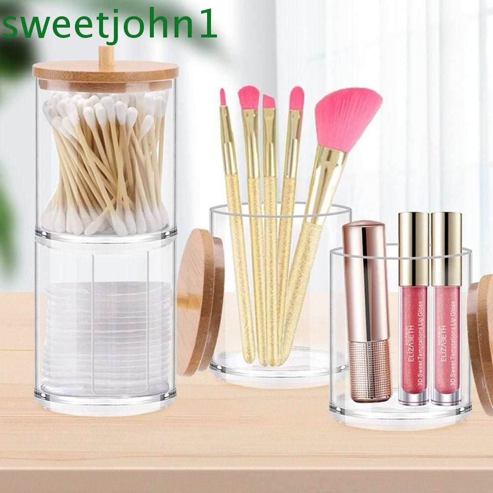 SWEETJOHN Qtips ผู้ถือมัลติฟังก์ชั่เครื่องสําอางพร้อมฝาปิดไม้ไผ่แต่งหน้าเครื่องประดับสําหรับอุปกรณ์ห