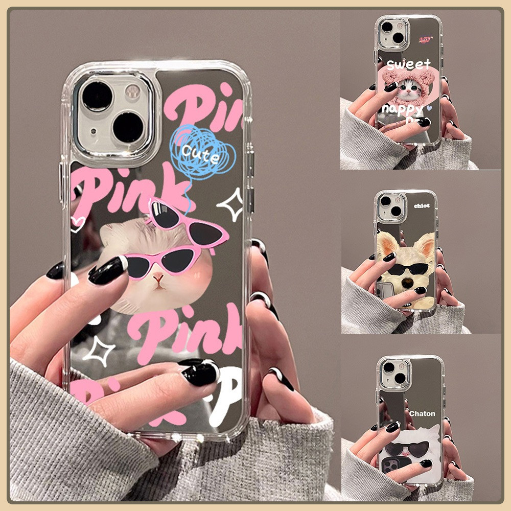 🔥Good🔥 มีกระจก เคสไอโฟน For iPhone 11 17 16 13 14 15 12 ProMax 16 15 13 12 Pro แฟชั่น พื้นผิวกระจก รูปแบบแมวน่ารัก