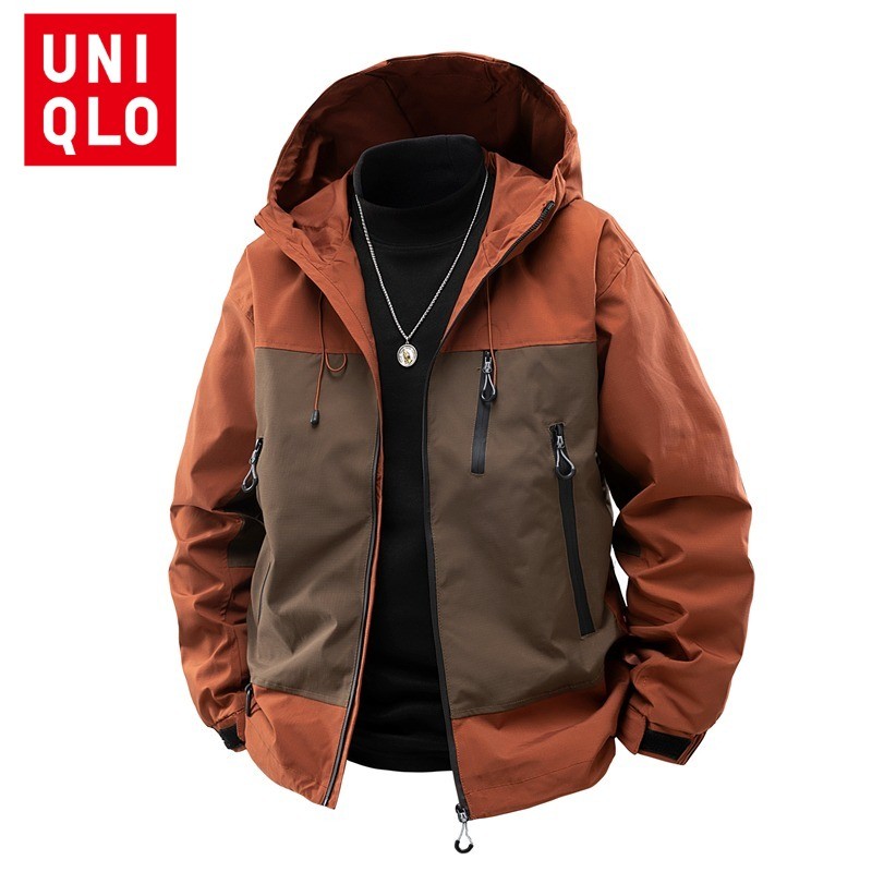 UNIQLO ยูนิโคล่ เสื้อแจ็คเก็ตมีฮู้ดสำหรับผู้ชาย ในฤดูใบไม้ร่วง กันลมและน้ำ แบบบล็อกสี