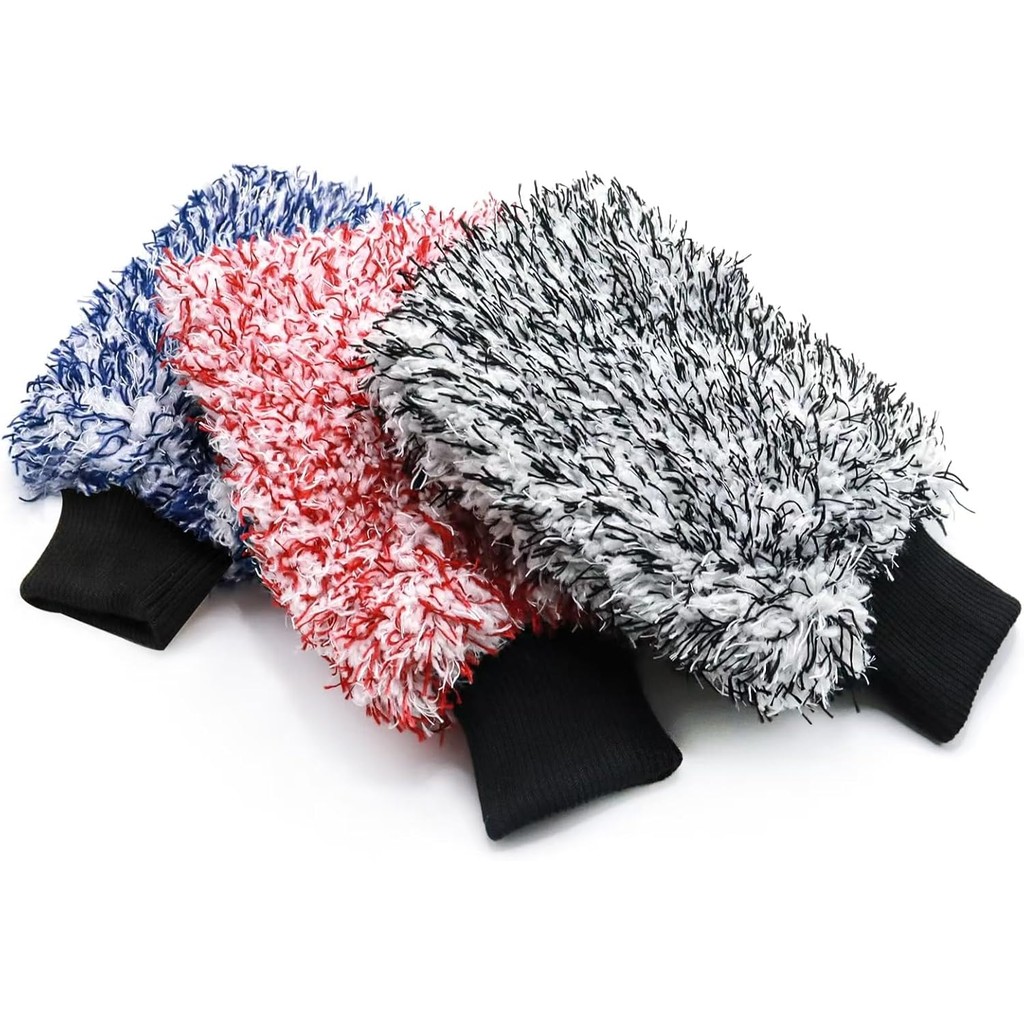 ไมโครไฟเบอร์ล้างรถนวม-3แพ็ครอยขีดข่วนฟรีนวมที่มีสีฟ้าสีแดงและสีดําซักเครื่องได้ผ้าสําลีฟรี10นิ้วx8นิ