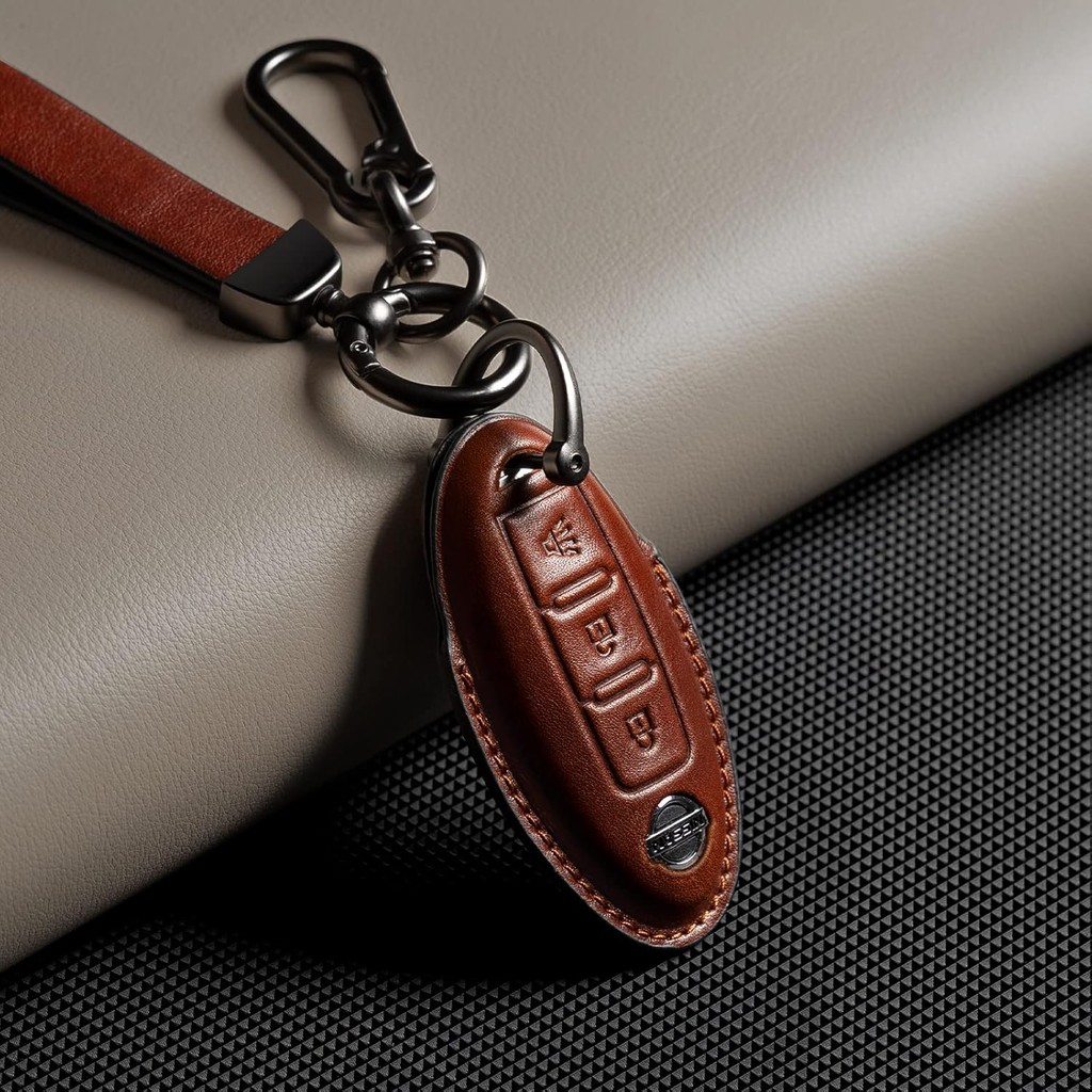 Nissan Key Fob ฝาครอบหนัง Lanyard พวงกุญแจรถ Key Case Protector 370z Frontier Juke Kicks Titan อุปกร