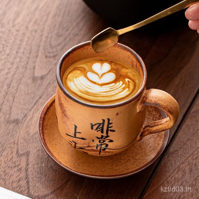 สโตนแวร์ไม้-เผาถ้วยกาแฟจานรองชุดแฮนด์เมดญี่ปุ่นย้อนยุคแก้วแขวนหูถ้วยคาปูชิโน่ถ้วยทํามือ888 ค0em